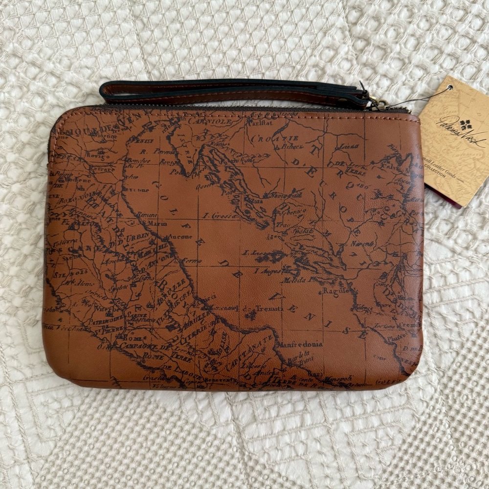 Patricia Nash Cassini Signature Map Print Brown Leather Wristlet Clutch Rust
